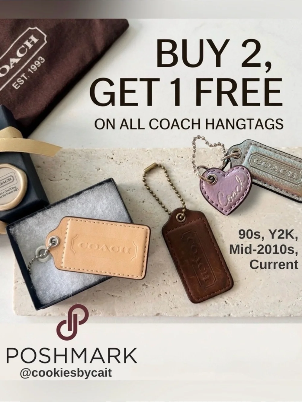 Y2K Coach Immaculate Ivory White Vintage Leather Hang Tag Bag Charm | Large 2.5”